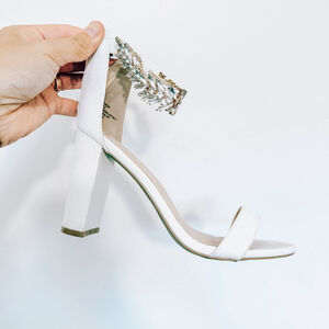 Lulus Women's White Gold Embellished Block Heel Sandals Size 8.5